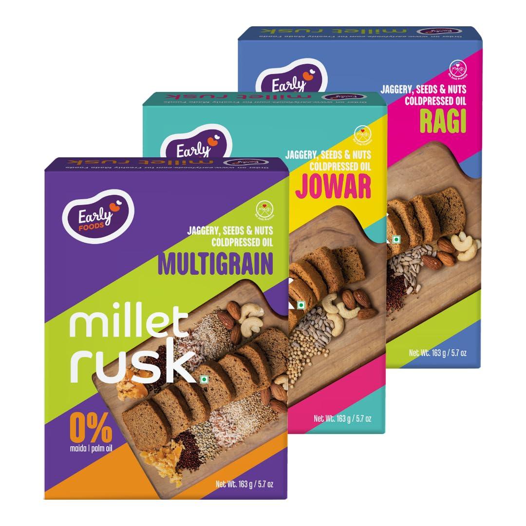 Early Foods Early Foods - Pack of 3 : Ragi, Jowar & Multigrain Rusks | Millet Rusk Sugar Free | No Maida Rusk | Rusks for Kids | Millet Toast Biscuits Rusk 230g x 3