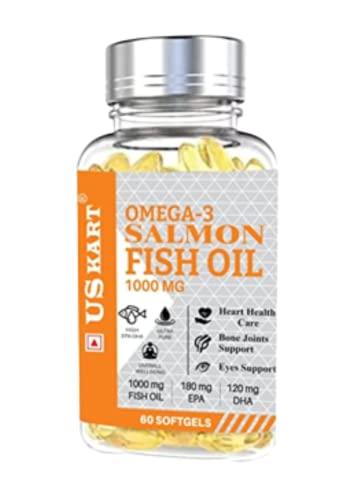 US KART NATURAL HEALTH SUPPLEMENTS US KART Omega 3 Salmon Fish Oil Capsules for Men & Women | 1000mg Omega 3 with 180 mg EPA & 120 mg DHA | No Fishy Burps | Omega 3 Fish Oil Supports Healthy Heart, Brain & Bones | 60 Softgels |