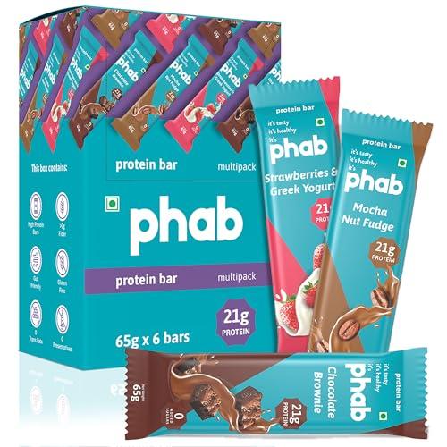 Phab Phab Assorted (Chocolate Brownie, Mocha Nut Fudge, Strawberries & Greek Yogurt) 21G Protein Bars (Pack Of 6), Fitness & Immunity With Goodness Of Dates-390 Gram
