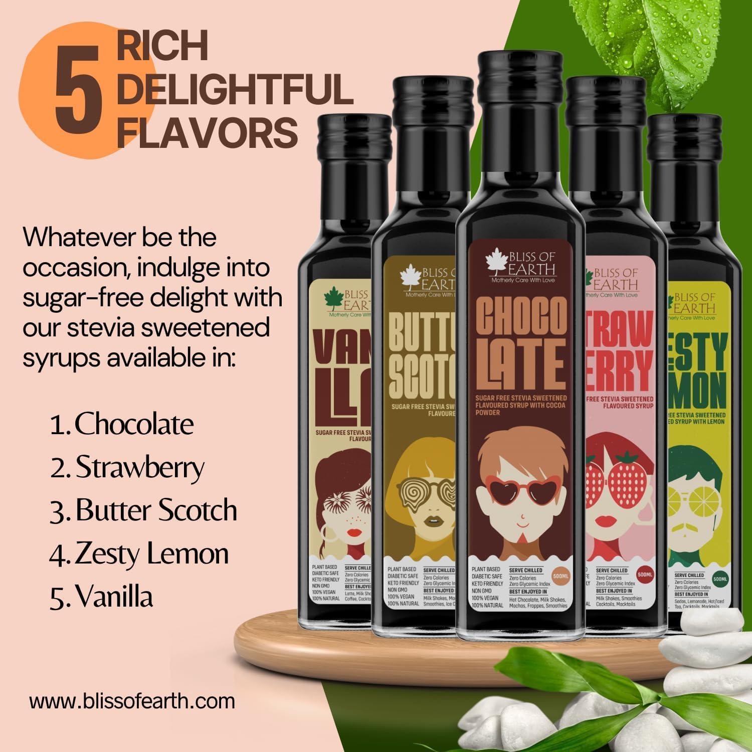 BLISS OF EARTH Bliss of Earth Sugarfree Chocolate Syrup, for Hot Chocolate, Coffee, Milkshake, Chocolate Syrup with Real Cocoa Powder. Zero Calorie, Diabetic Safe & Keto 500ml (Pack of 2)