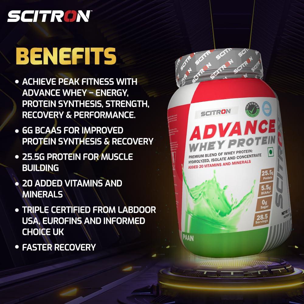 SCITRON Scitron Advance Whey Protein 1Kg Paan (28.5 Servings, 25.5g Protein, 5.5g BCAAs, 0g Sugar, 20 Vitamins & Minerals) Certified by Labdoor, USA | Sourced from Glanbia Nutrition | Certified by Informed Choice
