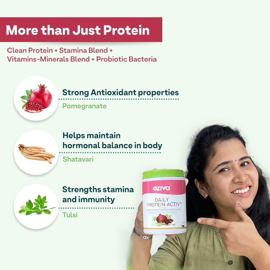 OZiva OZiva Daily Protein Activ for Women | Best Protein Powder for Women with 120g Protein, Probiotics, Shatavari for Increased Energy Levels, Bone Health and Hormonal Balance 300g (Chocolate, Pack 1)