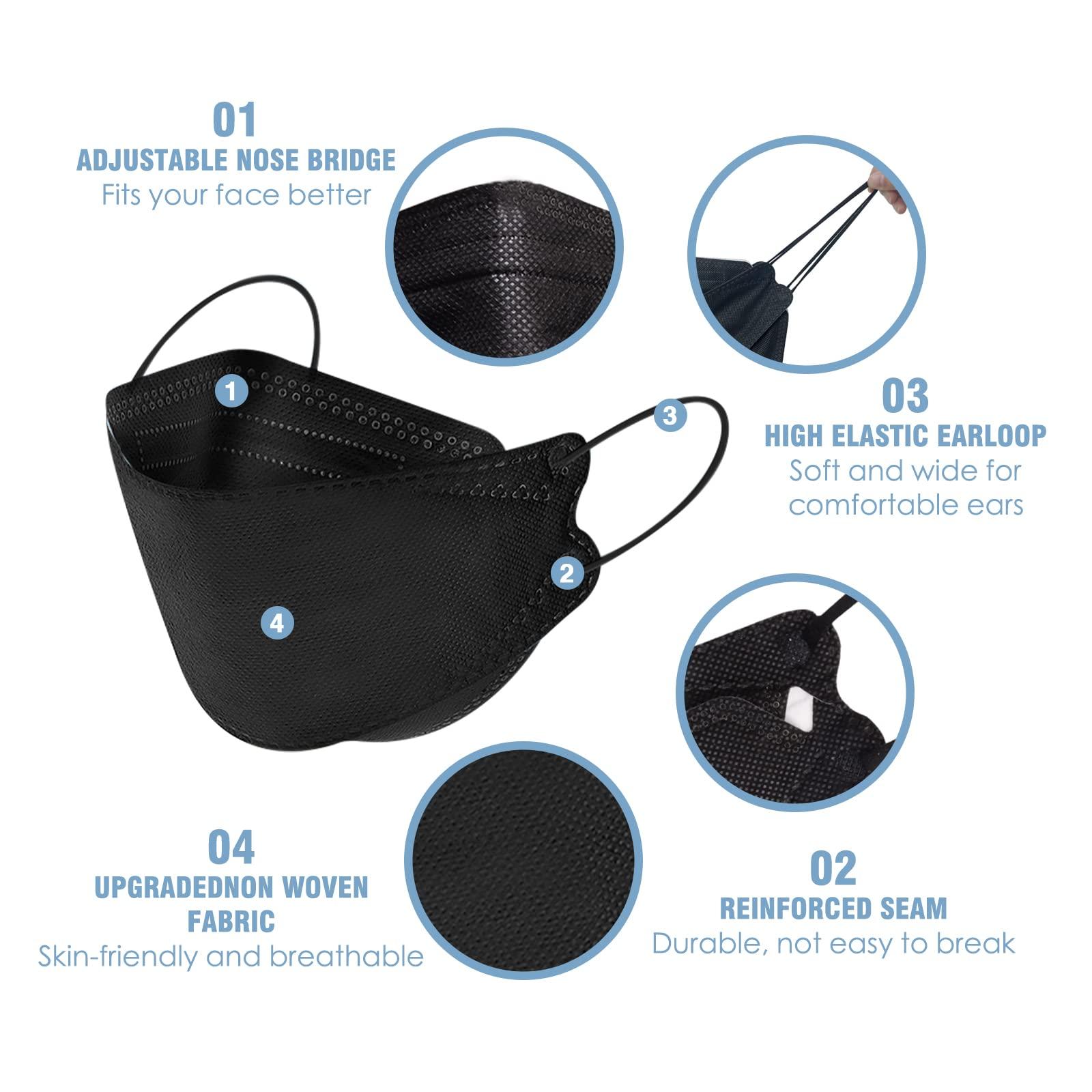 XYEXIM 60Pcs KF94 Disposable Face Masks, KF94 Mask Individually Wrapped, Fish Mouth Type Aldult Safety Four Layer Protective Cup Type mask,Comfortable Breathable ,and Protection Rate of 95% , Suitable for all AdultsBlack