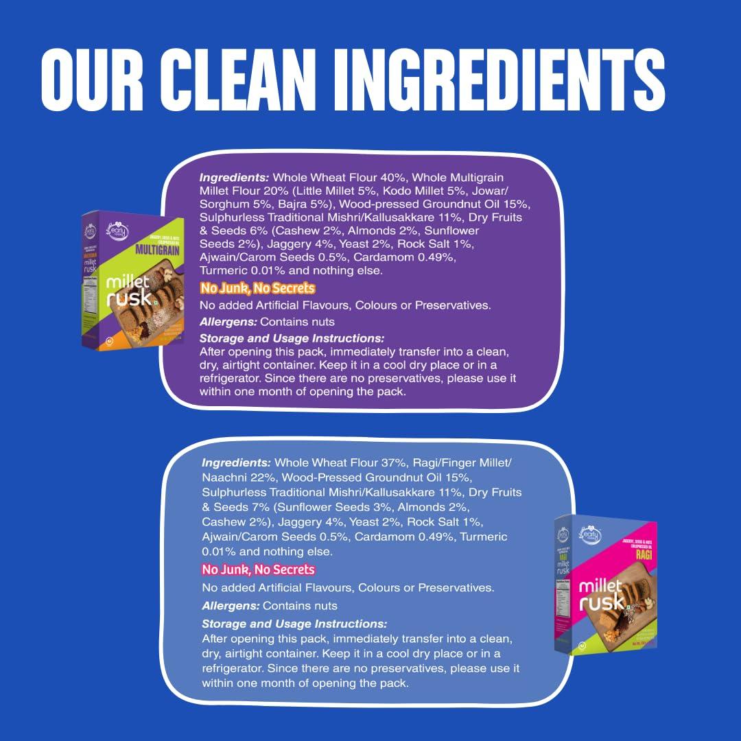 Early Foods Early Foods Assorted Pack of 2: ZERO Maida Ragi Rusk & Multigrain Rusk | Sugarfree Millet Rusk with Jaggery | Millet & Atta Rusk No Maida | Kids Snack | 230g x 2