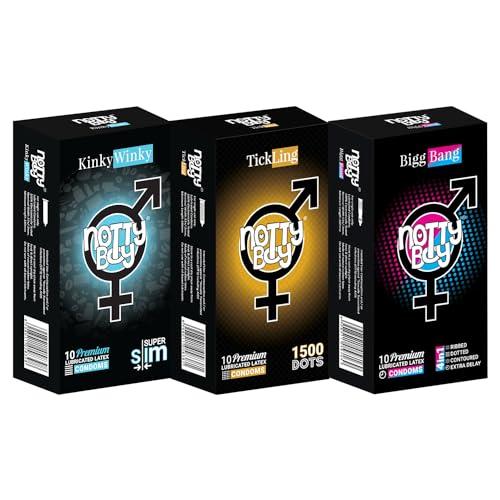 NOTTY BOY NOTTY BOY Combo Set Extra Dotted 1500 Dots, 4 in 1 (Ribs and Dots, Contoured, Delay) | Super Slim Thin Condoms - 30pcs (Pack of 3) | Lubricated, Standard Fit Condom For Men