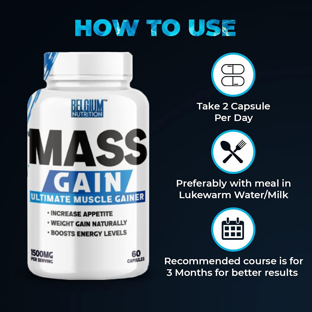 Belgium Nutrition Belgium Nutrition Bulk Gain Mass & Weight Gainer Capsule for Fast Weight & Muscle Gain, Muscle Building Weight Lifters Supplement Muscle Growth, Stamina & Strength - Men & Women, 60 Cap. | Free Shaker