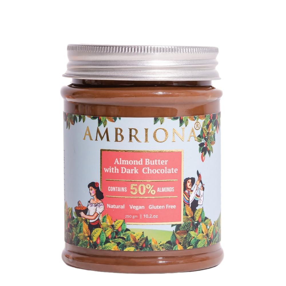 AMBRIONA Ambriona Vegan Almond Butter with Dark Chocolate | Gluten Free | Keto Friendly | 100% Natural | No Palm Oil | Healthy Chocolate Spread | 50% Almond Content | 200gm