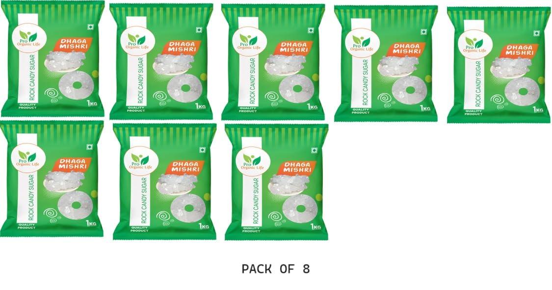 PRO ORGANIC LIFE Pro Organic Life Dhaga Mishri, Rock Sugar Mishri (crystal clear natural) 1 kg (PACK OF 8)