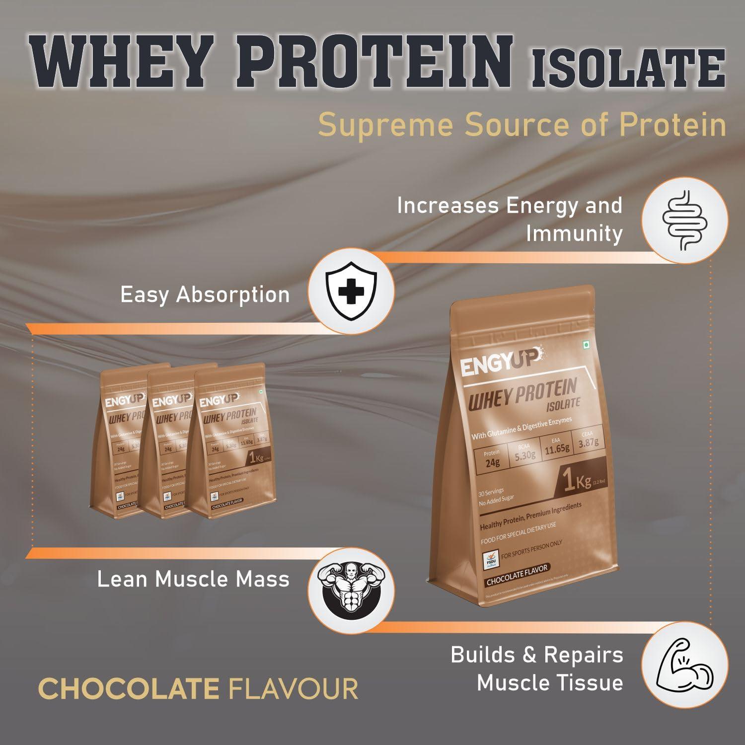 ENGYUP ENGYUP Whey Protein Isolate 90%, 24g Protein, Rich BCAA & EAA Profile, Chocolate Flavor, 1Kg