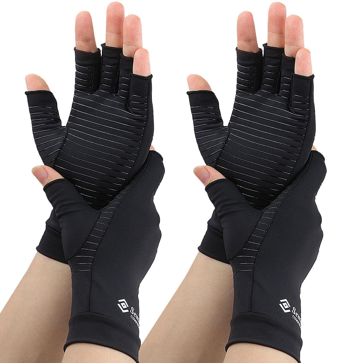 Semikk Semikk Compression Gloves for Women and Men Copper Infused Glove for Rheumatoid Arthritis Osteoarthritis Carpal Tunnel Raynauds Disease Hand Pain Relief and Support Open Finger (Black, Small)