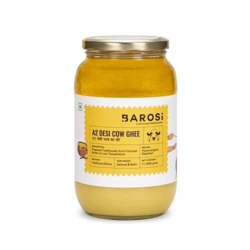 Barosi Barosi Premium A2 Cow Ghee 1 Litre | A2 Danedar Desi Ghee | Churned from Curd with Bilona Method | Pure & Aromatic | Organic, Farm Made in Small Batches | Glass Jar