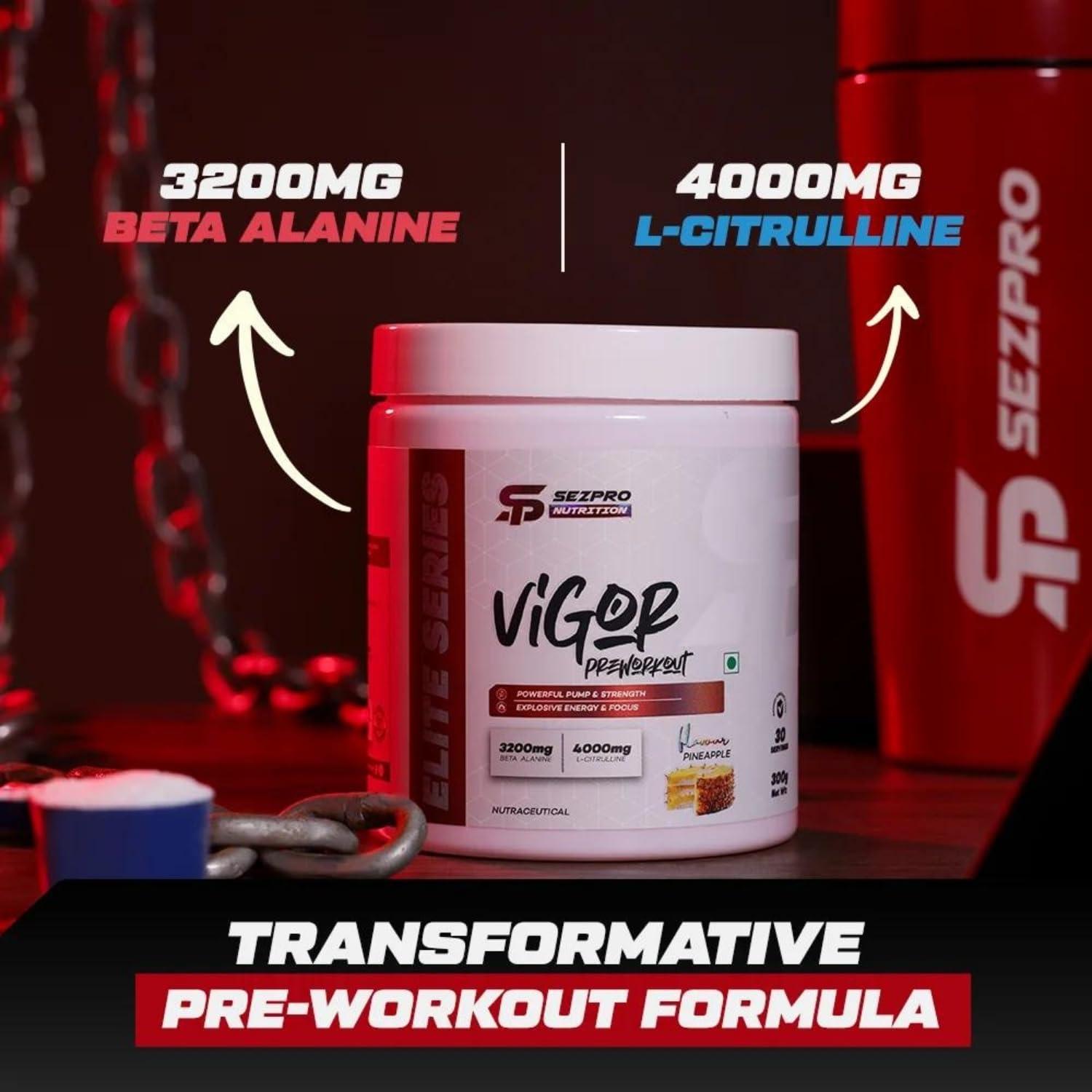 Sezpro Nutrition Sezpro Nutrition Vigor Pre Workout | 300gm | 30 Servings | 300mg Caffeine | 200mg Theanine | 3200mg Beta Alanine | 4000mg Citrulline | Powerful Pump & Strength | Explosive Energy & Focus (Watermelon)