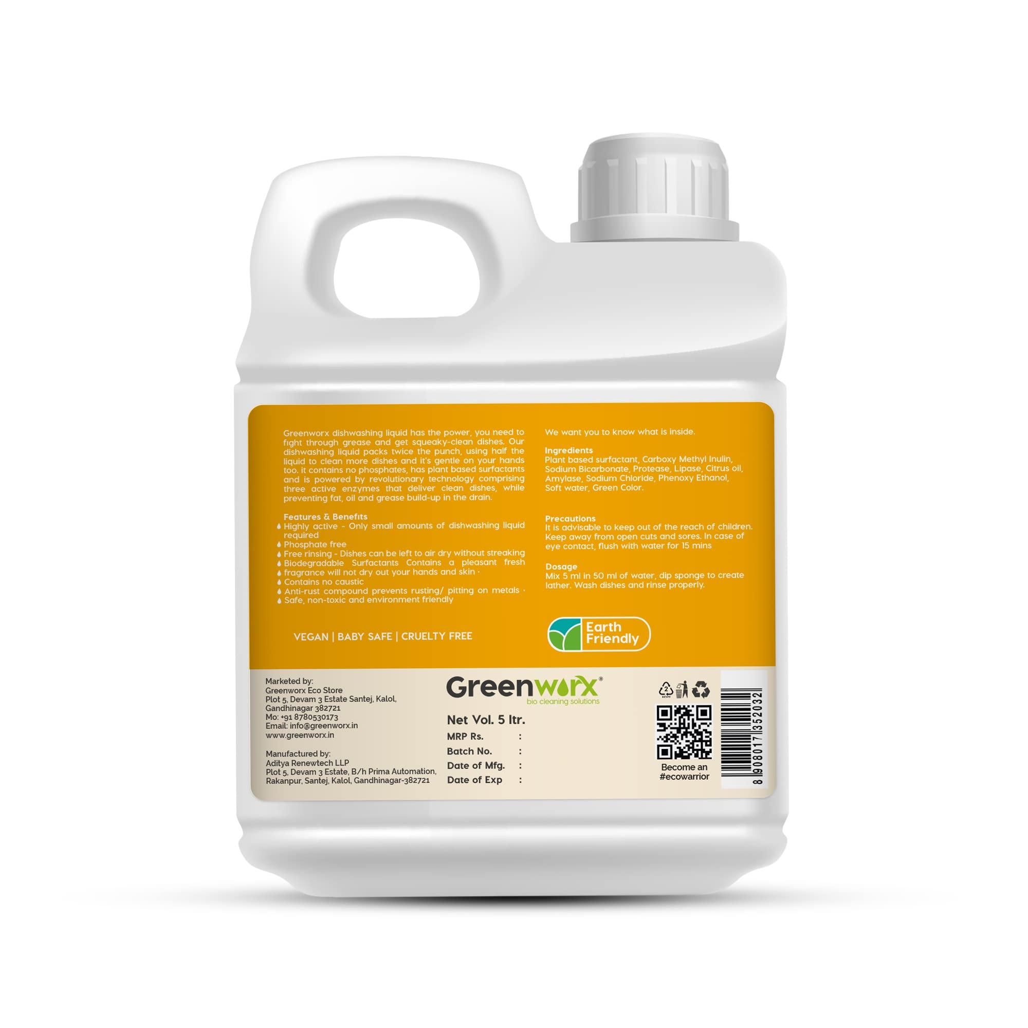 Greenworx - Bio Cleaning Solutions Greenworx - Bio Cleaning Solutions Natural Dishwash Liquid - 5 Ltr | Biodegradable, Non-Toxic, Eco-friendly | Baby & Pet safe