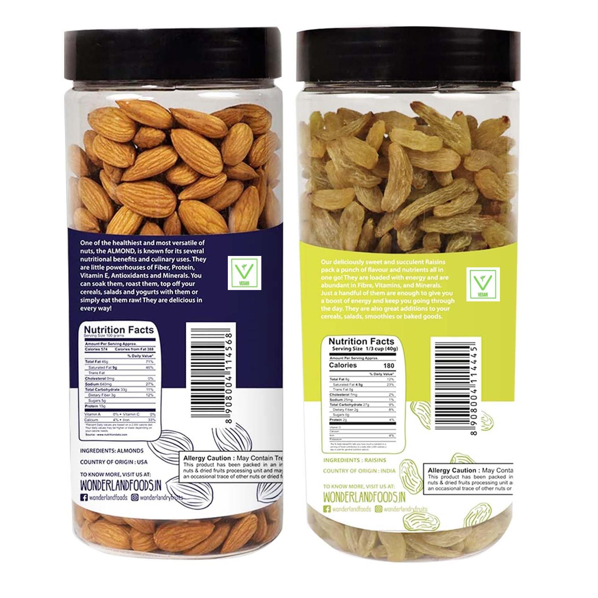 WONDERLAND FOODS (DEVICE) WONDERLAND FOODS (DEVICE) Premium Dry Fruits Combo Pack of California Almonds (NP) + Raisin 1Kg (500gX2) Reusable Jar