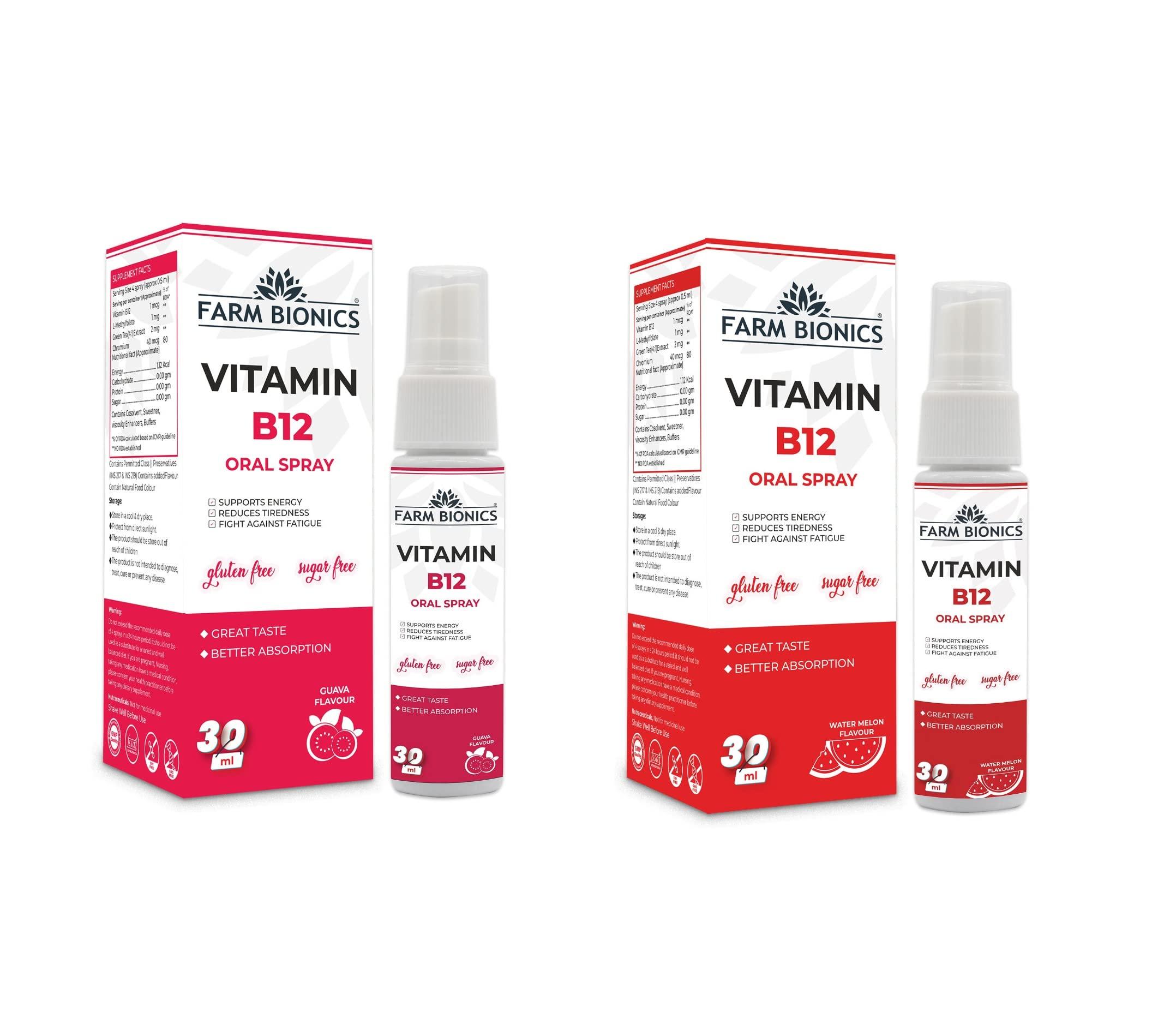 FARM BIONICS FARM BIONICS Combo of Guava Flavour Vitamin B12 and Water melon Flavour Vitamin B12 Oral Spray, 30ml | 100% Vegetarian | Sugar and Gluten Free | Immunity Booster Spray for Men and Women