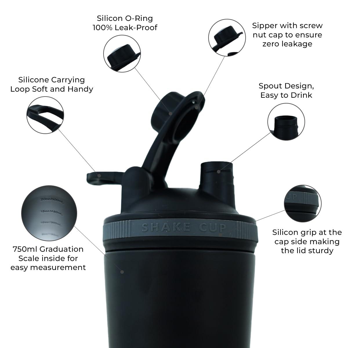 BLACKBUCK BLACKBUCK Shaker Pro: Insulated Stainless Steel Shaker With Noise Proof Technology, Superior Shake Without Leaks, Best For Pre Workout Shakes And Protein Mixes (Charcoal Black), 750 Ml