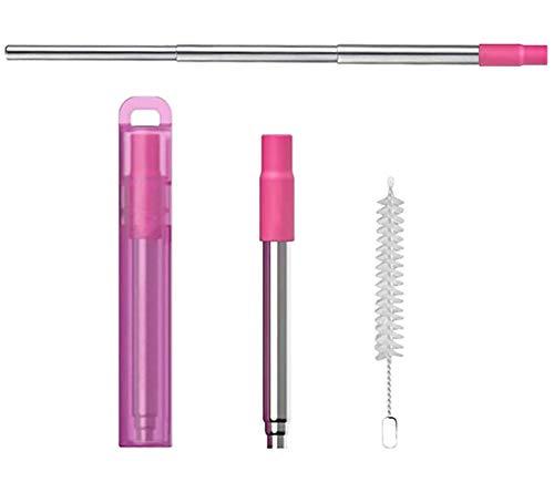 Anab Gift International ANABGI Reusable Portable Metal Straws for Drinking, Telescopic Foldable Stainless-Steel Drinking Straw with Case and Cleaning Brush Carabiner for Coffee Juice Smoothie Milkshake, Easy to Clean (Pink)