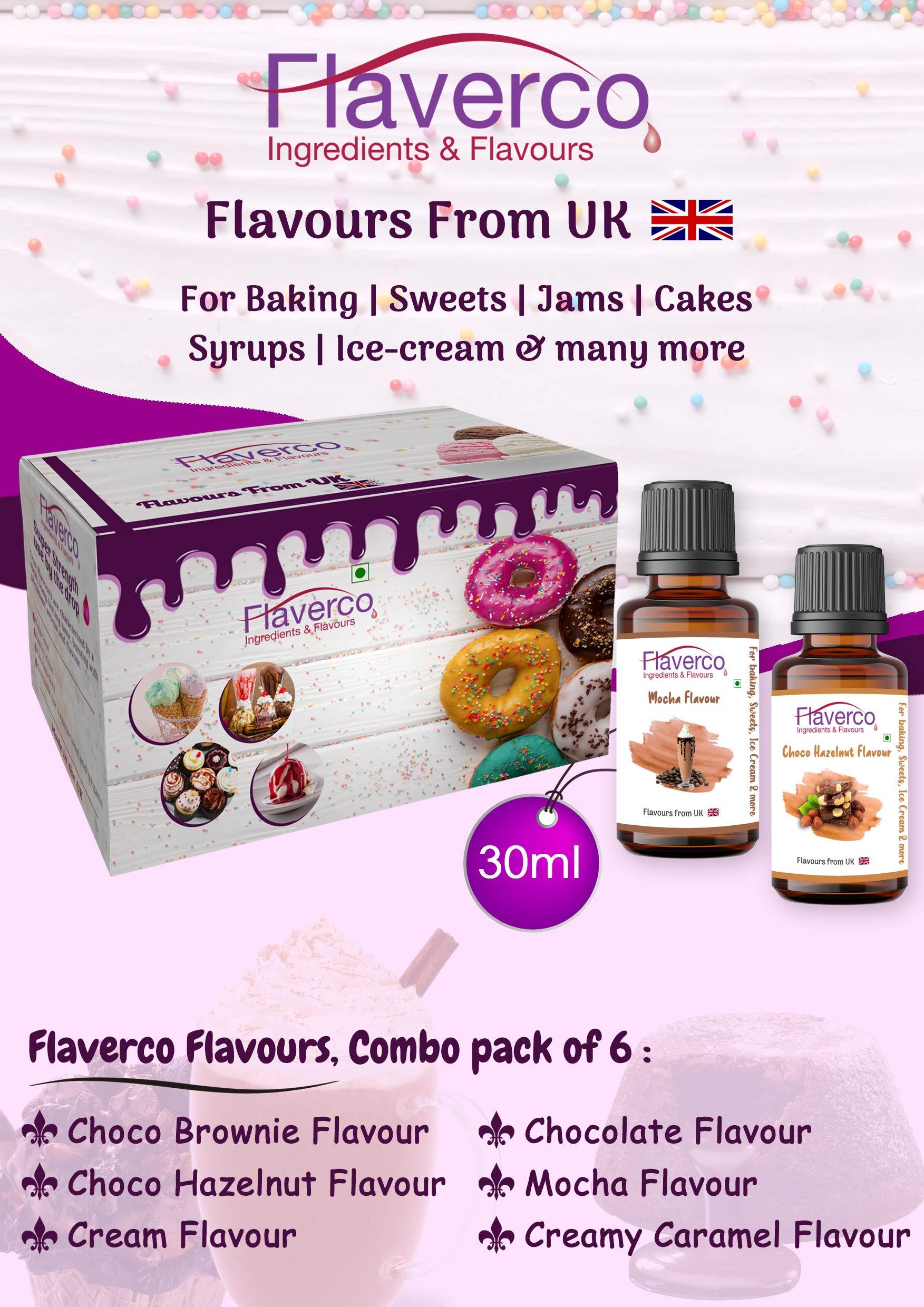 FLAVERCO Flaverco Food Flavour Essence Combo Pack (Chocolate, Choco Hazelnut, Choco Brownie, Mocha, Cream, Creamy Caramel)) for Baking Cake, Chocolates, Indian Sweets, Ice Cream & More.. (30ml*6)