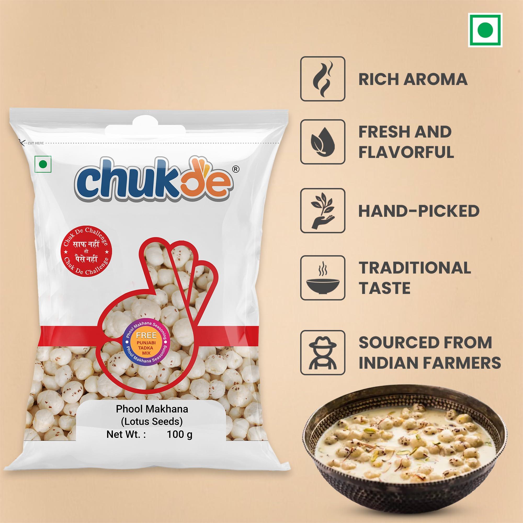 CHUKDE Chukde Phool Makhana - Fox Nuts - 100 Gm: Low-Calorie, Rich in Protein, Antioxidants, and Heart-Healthy Snack. Perfect for Sabzi, Kheer, Pilaf, and Curries.
