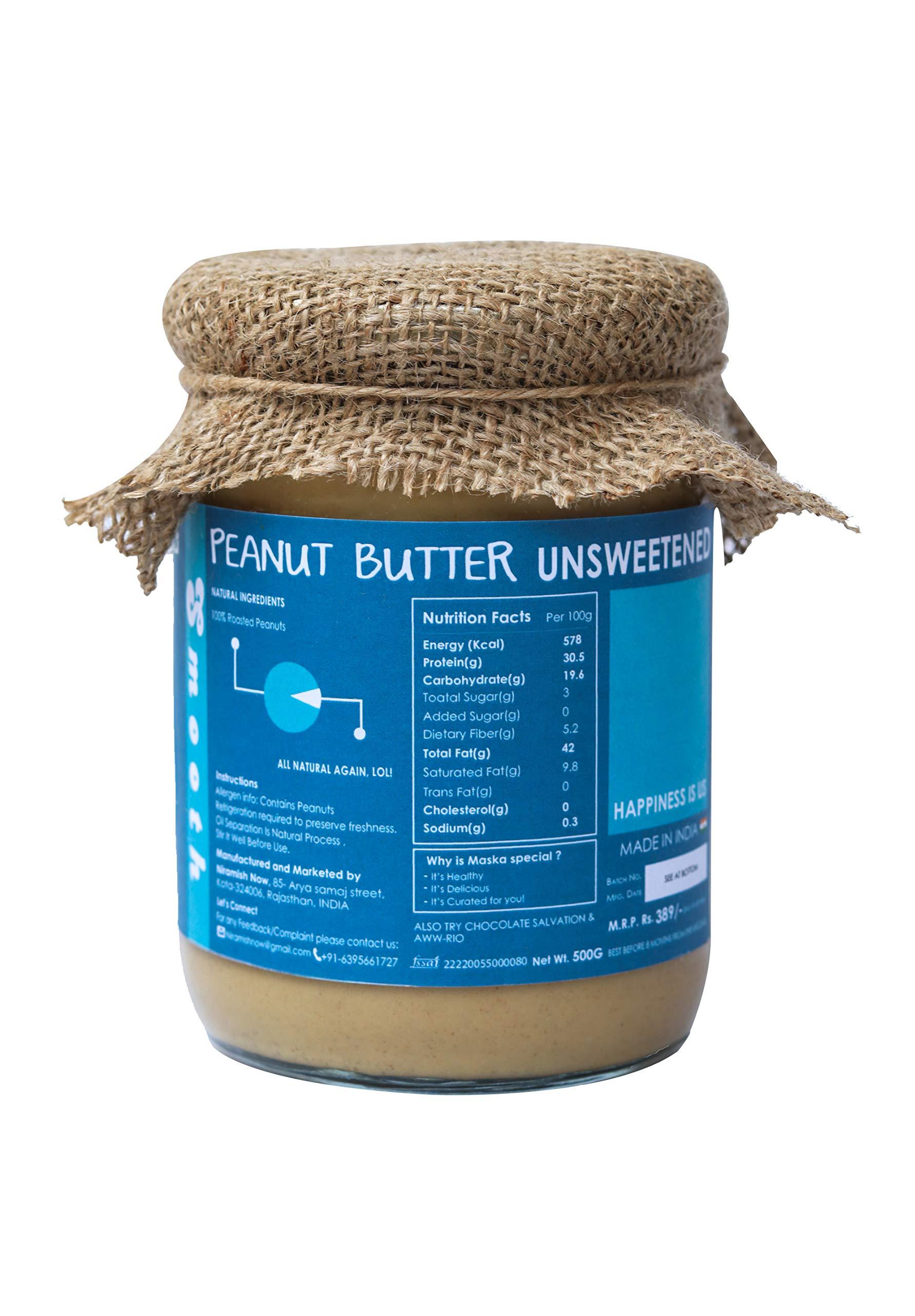 MASKA Maska Natural Peanut Butter Smooth 500 G Unsweetened | High Protein | All-Natural | No Sugar & Salt | Organic | Glass Jar | Gluten Free | Vegan | Vegetarian | Keto Friendly | Eco-Friendly |