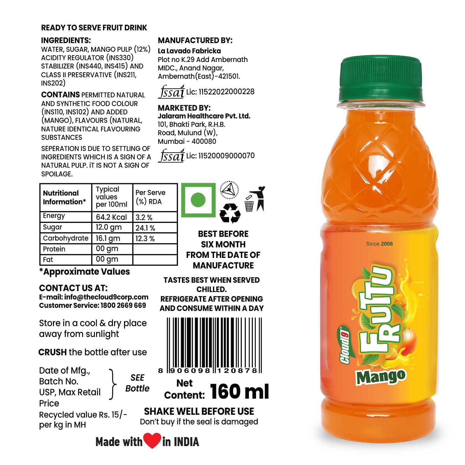 Cloud9 Cloud9 Fruttu Mango | Mango Fruit Juice |160 ml Pack of 24 [Price Including Courier Charges]