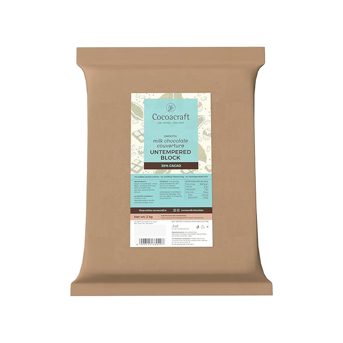 COCOACRAFT Cocoacraft 38% Milk Chocolate Couverture Un-tempered Slab (2KG) Chocolate Bar | 100% Natural | Handmade Artisinal Couverture Chocolate from Kerala | Used for baking and decoration