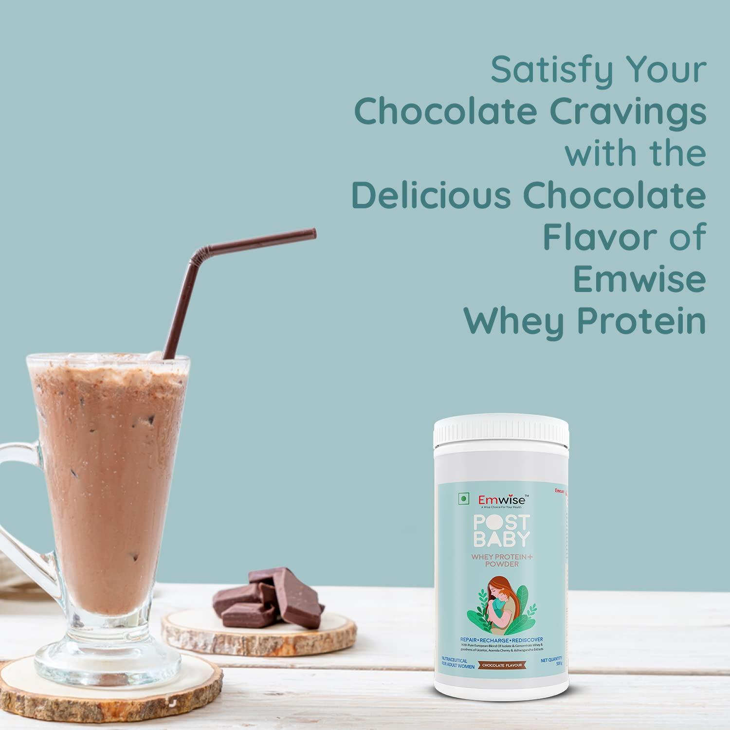 EMWISE Emcure Emwise Post Baby Whey Protein Powder - Chocolate, Women Recovery, Pure European Blend of Isolate & Concentrate Whey & Goodness of Licorice, Acerola Cherry & Ashwagandha Extracts - 500g