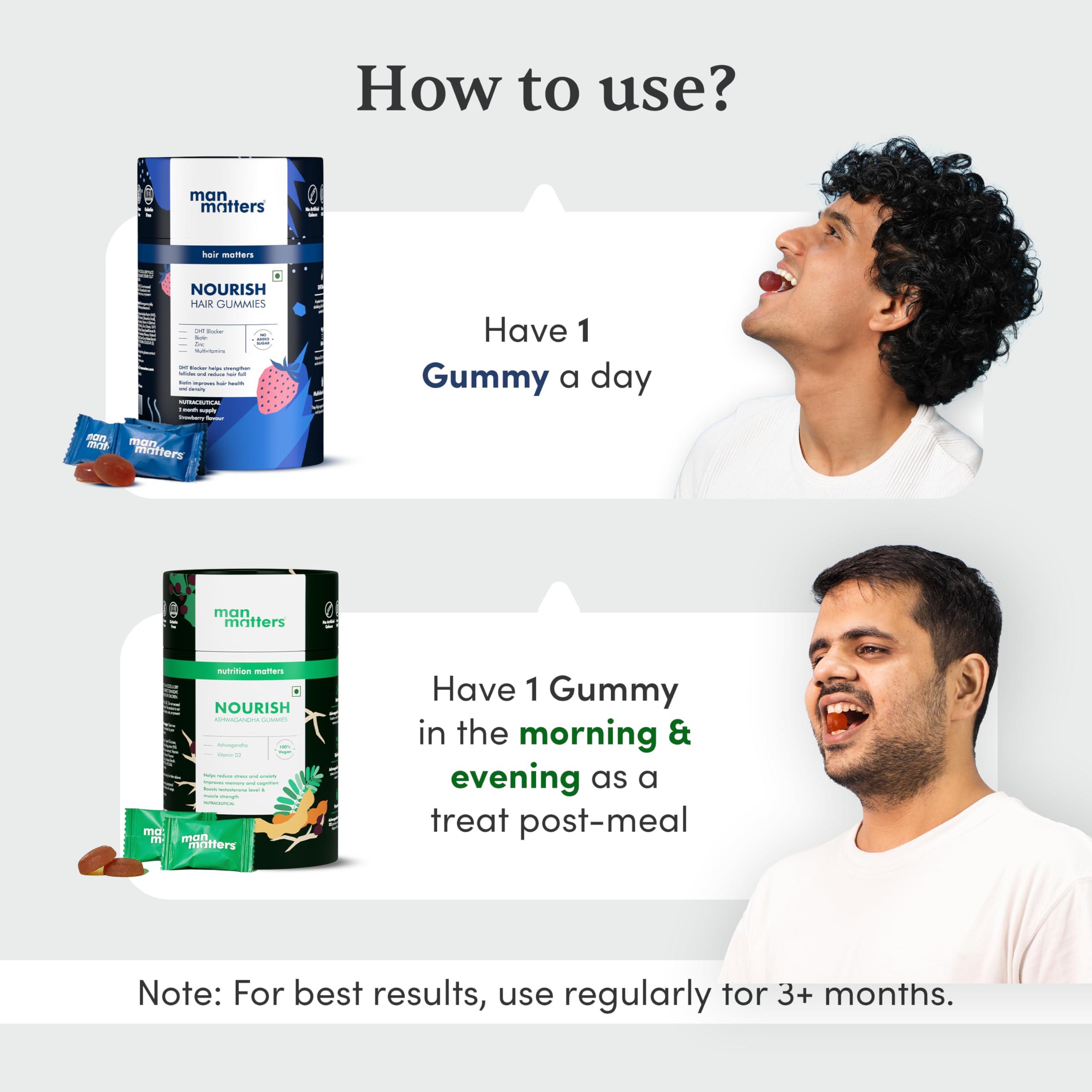 Man Matters Man Matters Ashwagandha Gummies & Biotin Gummies (120 Gummies) | 300mg Ashwagandha & Biotin | Nourishes Hair, Promotes Recovery, Enhances Well-Being, With Vit A, Vit C, Vit E, Zinc & DHT Blocker