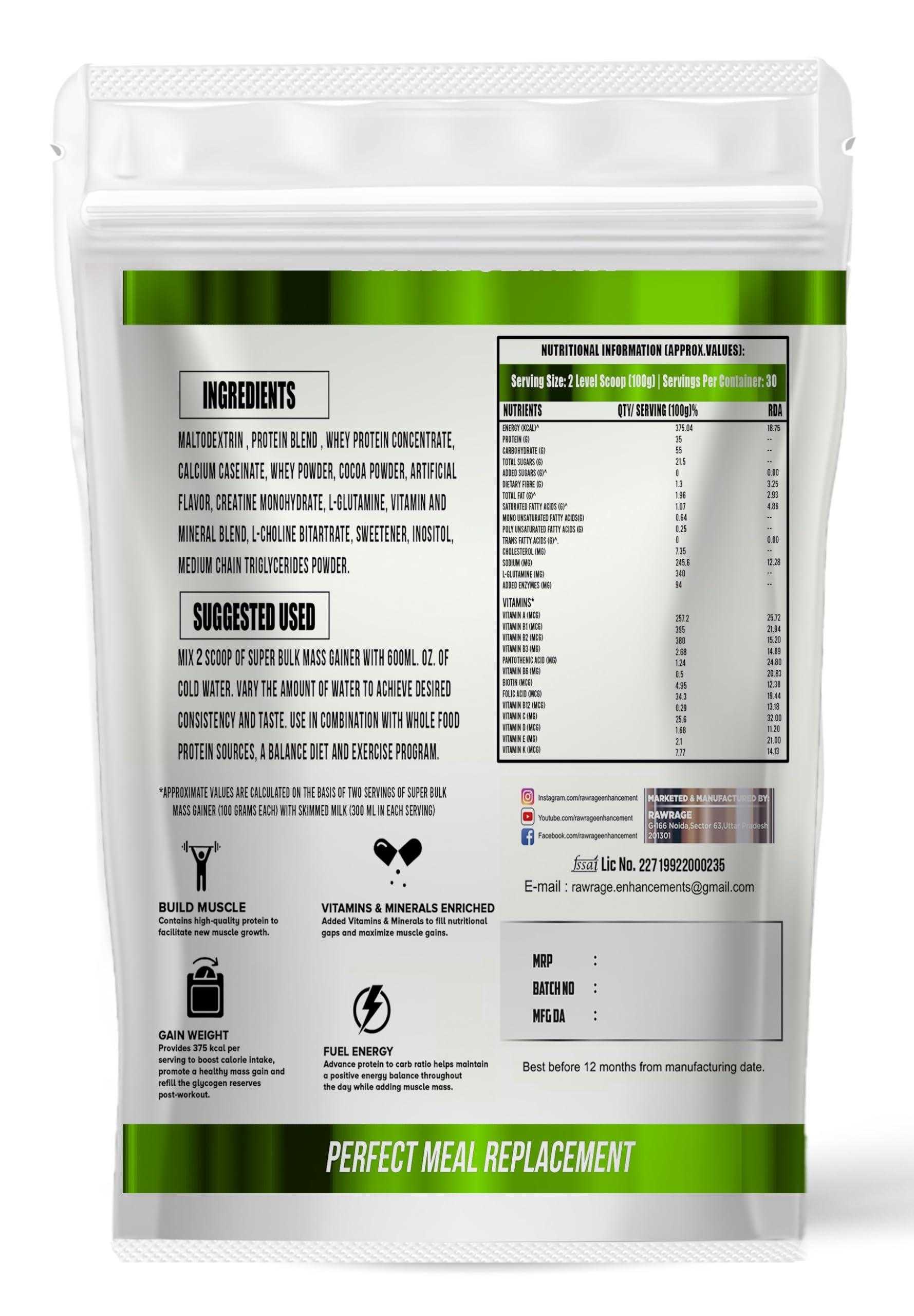 RAWRAGE Rawrage Super Bulk Mass Gainer | High Protein & High Calorie Weight Gainer Powder with Vitamins and Minerals | Gain Super Size - 2 kg (Chocolate)