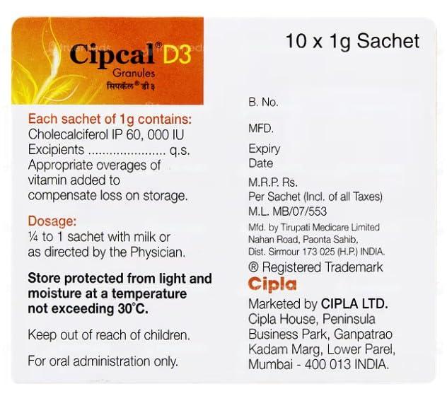 Cipcal Cipcal D3 Cholecalciferol Granules, Pack of 20 Sachets, Bone and Joint Care, Vitamin D3 Supplement