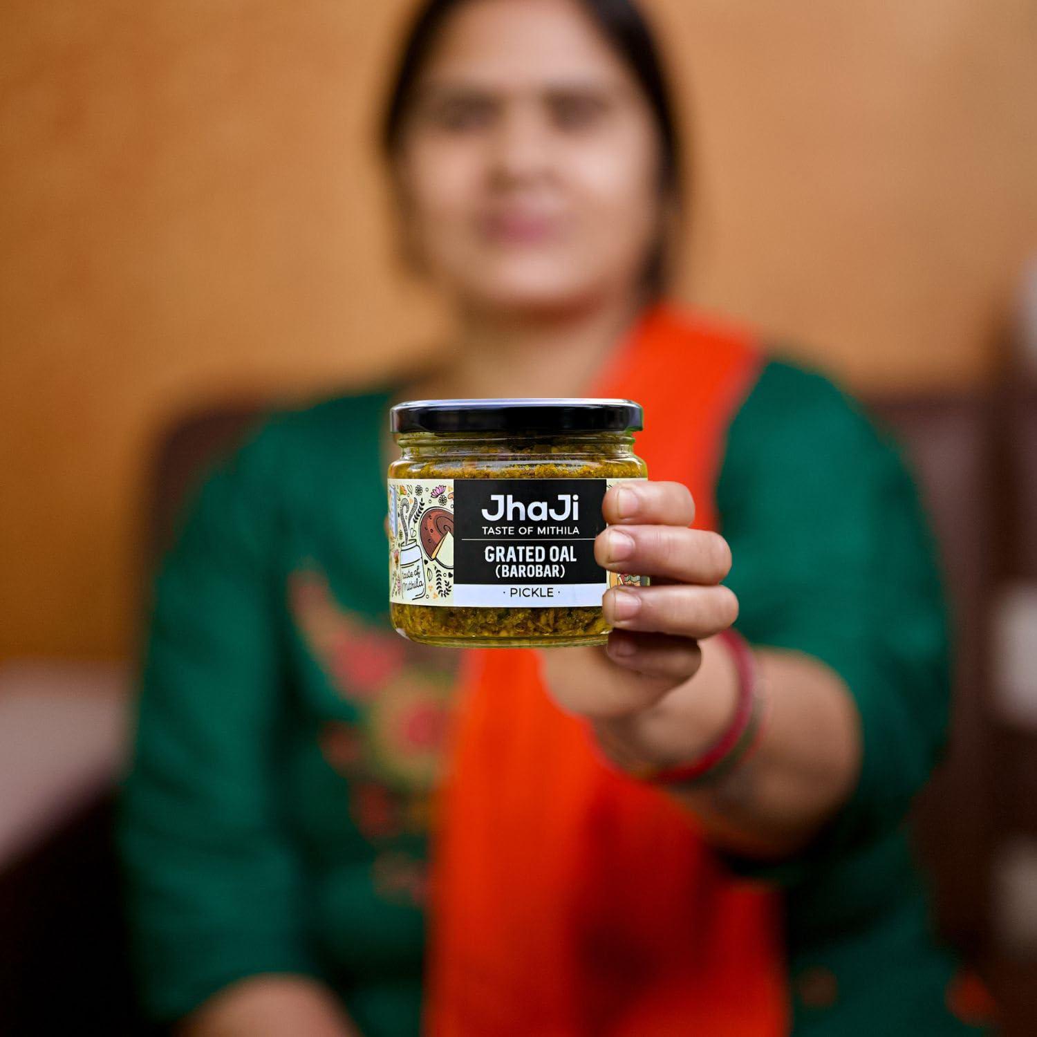 JhaJi - Taste of Mithila JhaJi - Taste of Mithila Oal Ginger Chilli Mix Pickle | Tangy, Spicy, And Gingery Aftertaste | Grated Jimikand Pieces | Sun-Dried | Bihari-Style Homemade Pickle, 500G