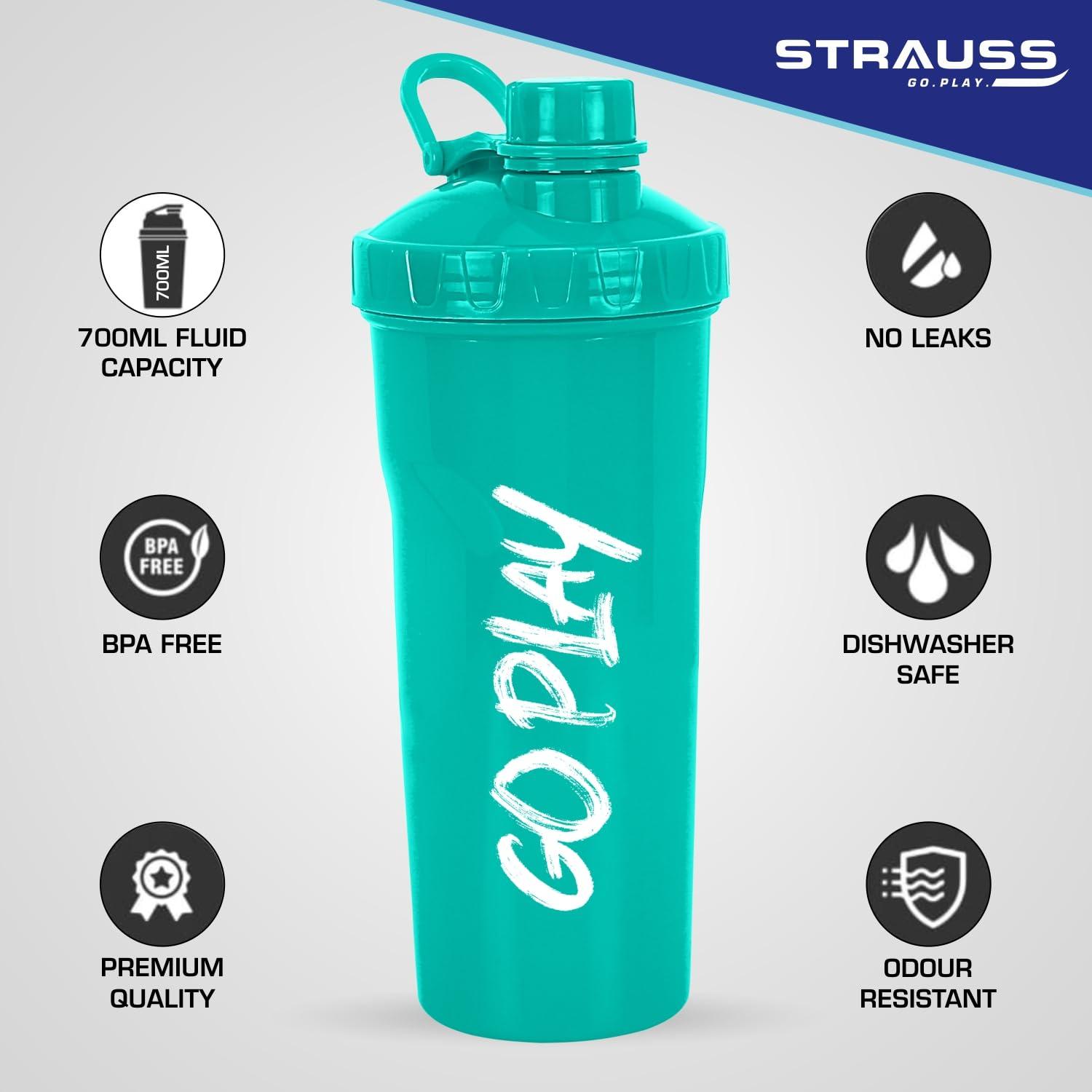 STRAUSS STRAUSS Aqua Shaker Bottle | 100% BPA- Free | Leakproof Shaker for Protein Shake |Ideal Pre-Post Workout Shake|Blender Bottle for Smoothies & Shakes | Ideal for Both Men and Women | 700ml,(Aqua Green)