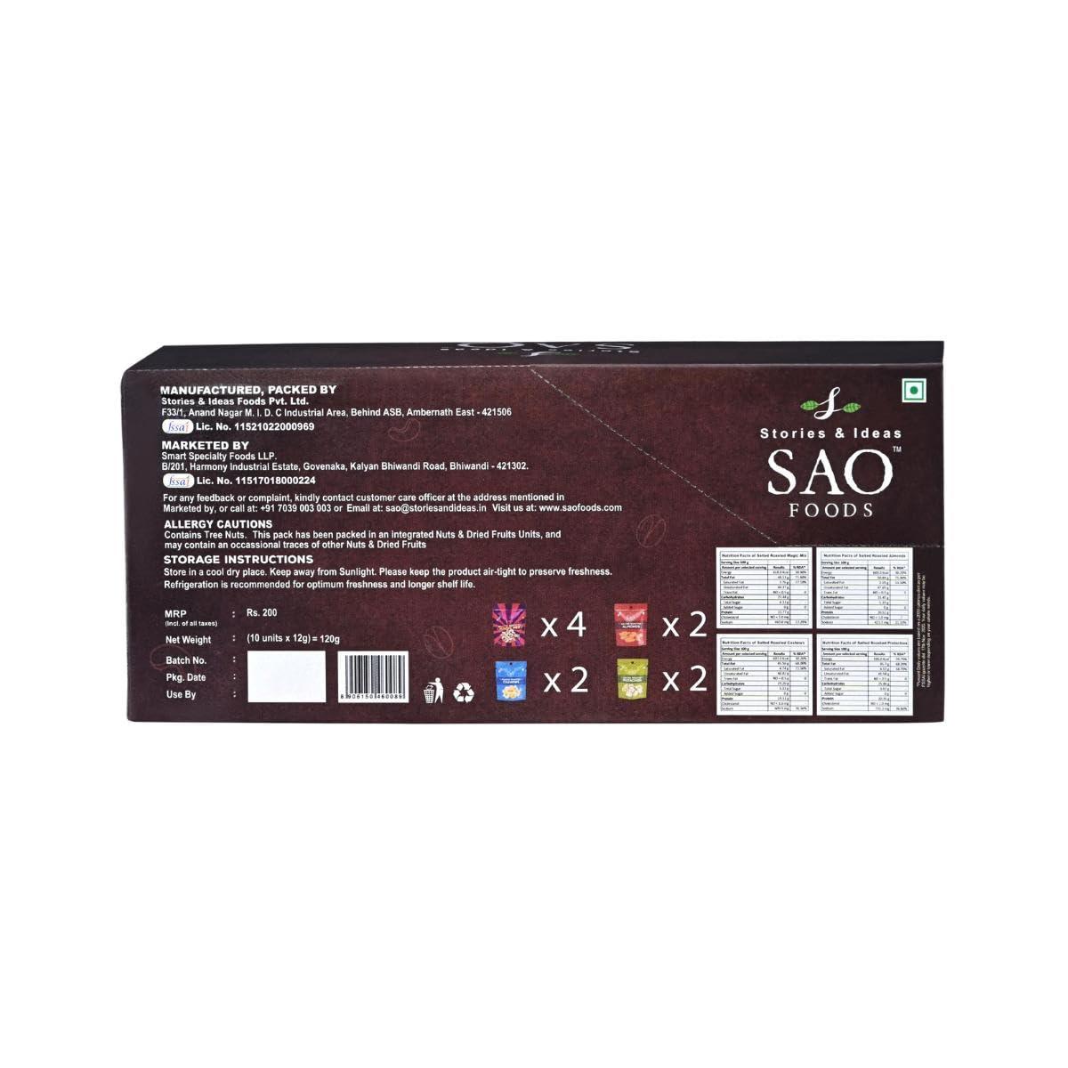 Stories & Ideas SAO Foods Stories & Ideas SAO Foods Roasted & Salted Assorted Dry Fruits Box Snacking Packs Of 12 Grm Each,Magic Mix: 8 Small Packs + Almonds: 4 Small Packs + Cashews: 4 Small Packs + Pistachios: 4 Small Packs