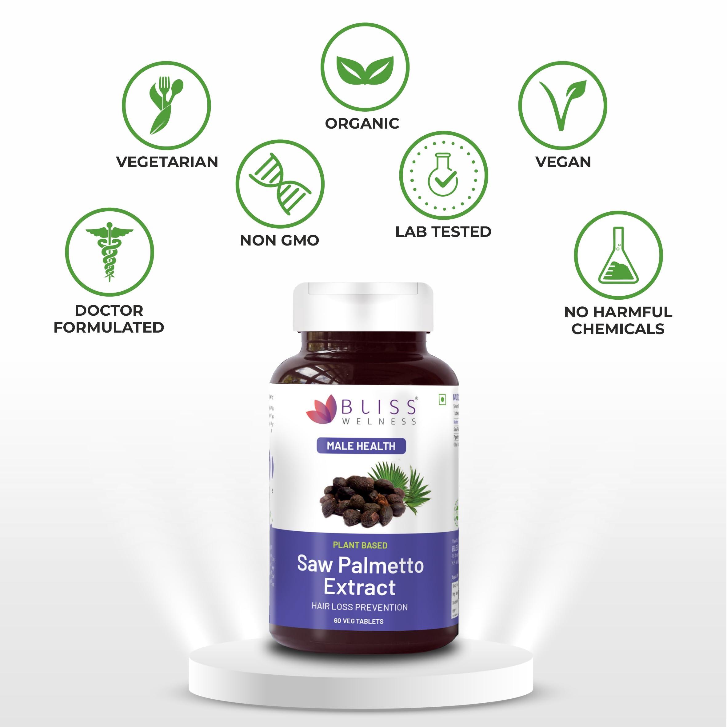 Bliss Welness Bliss Welness Saw Palmetto Extract 800 MG | Hair Growth Prostate Health Support Urinary Tract Function Prevent Hair Fall Ayurvedic DHT Blocker Health Supplement - 60 Vegetarian Tablets