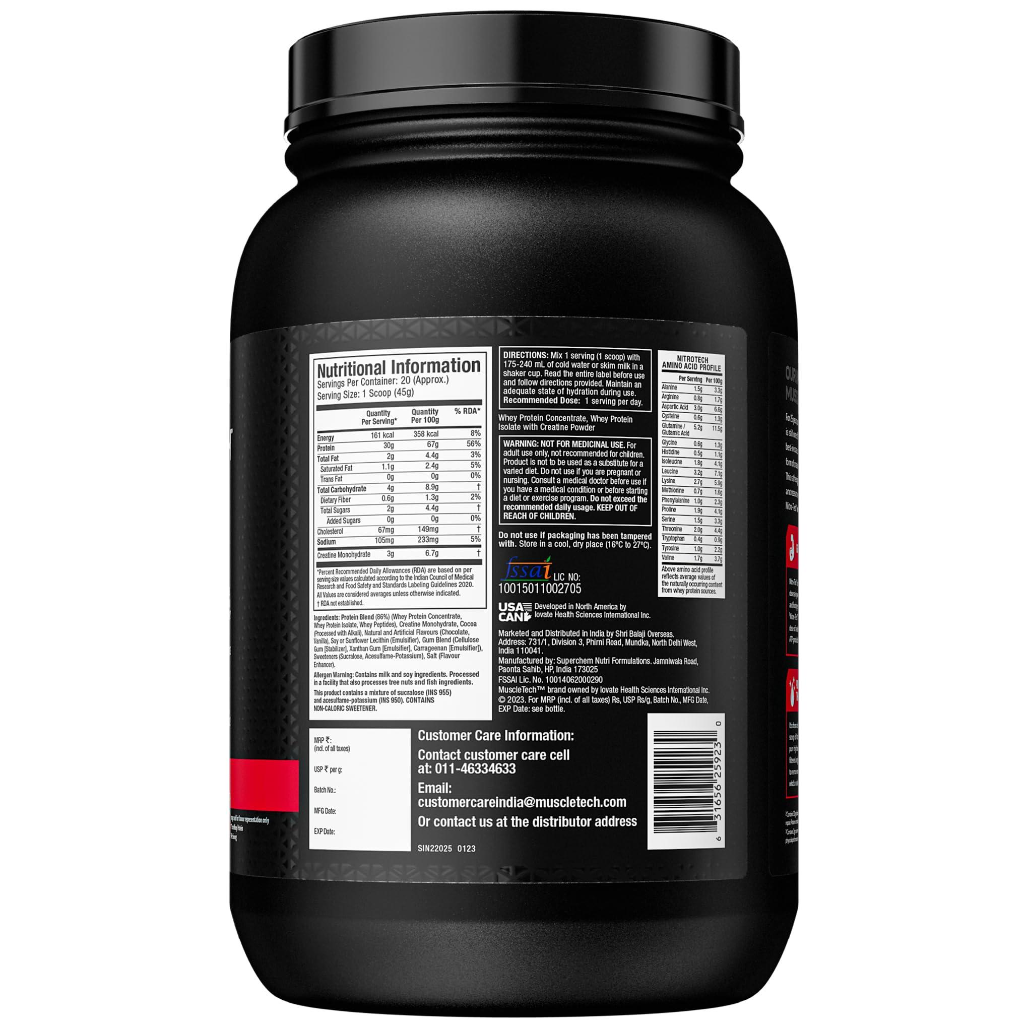 MuscleTech MuscleTech Nitro-Tech Whey Protein, 907g (2lbs), Milk Chocolate, 30g Protein, 3g creatine monohydrate, 6.7g BCAA, ultimate muscle building formula, increase strength & performance