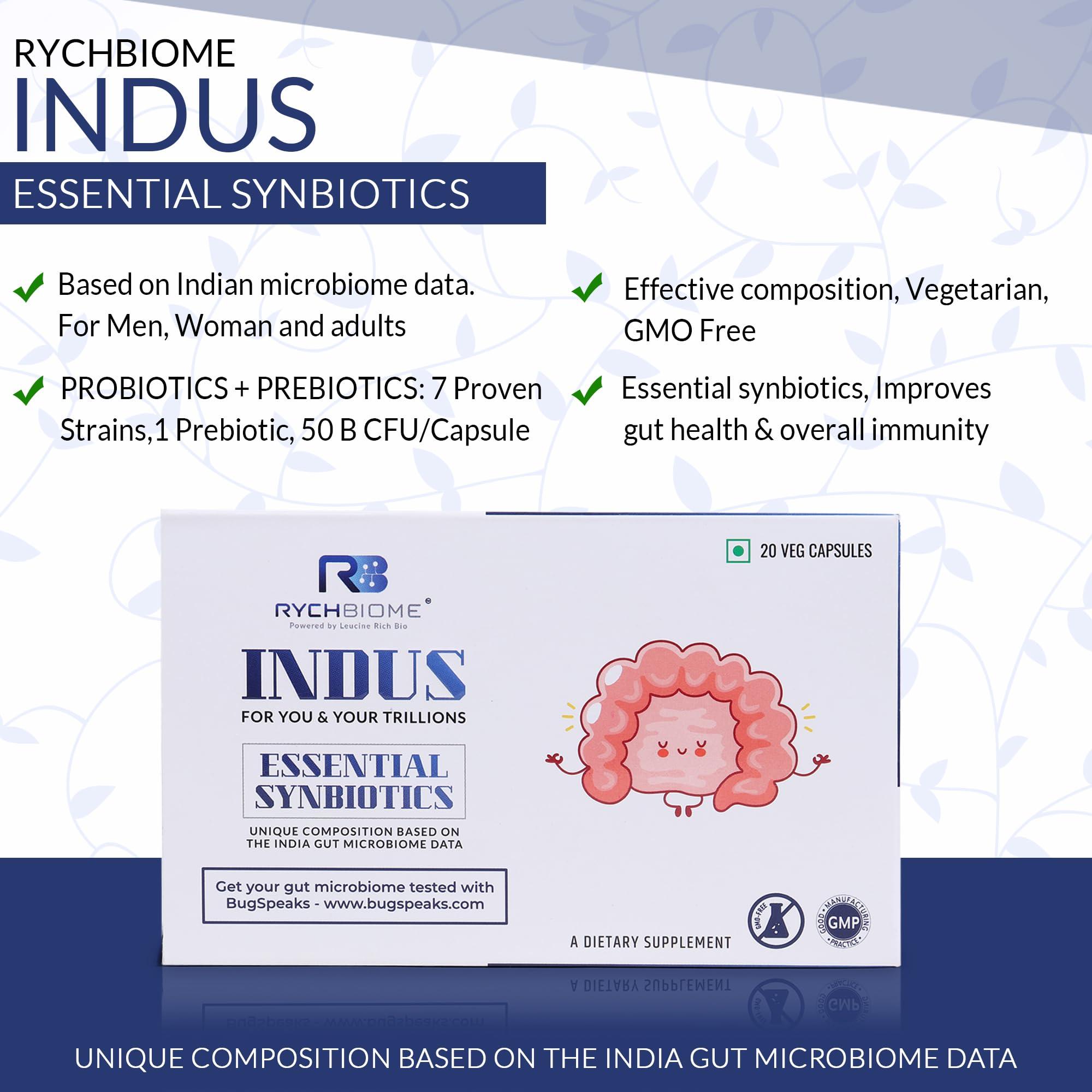 RYCHBIOME INDUS RYCHBIOME, Essential 7 Probiotic Strains|1 Prebiotic, Based On Indian Gut Microbiome Data | 50 Billion CFU| 20 Veg Capsules