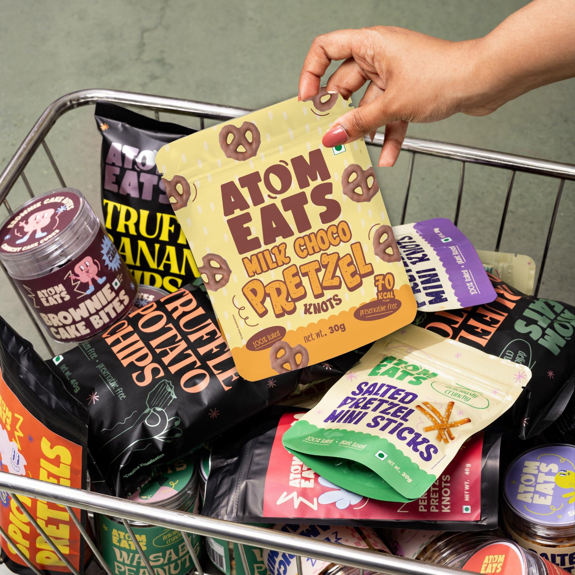 Atom Eats Atom Eats | Milk Choco Dipped Pretzels: Choco Dipped Mini Salted Pretzel Knots 100g - Rich Milk Chocolate - Perfect Snacks for Sharing, Parties - Imported Chocolates, Versatile Delight