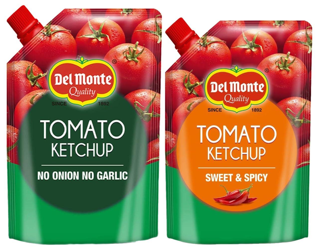 Del Monte Del Monte Tomato Ketchup No Onion No Garlic Pouch, 950 g & Del Monte Tomato Ketchup Sweet and Spicy Pouch, 950 g