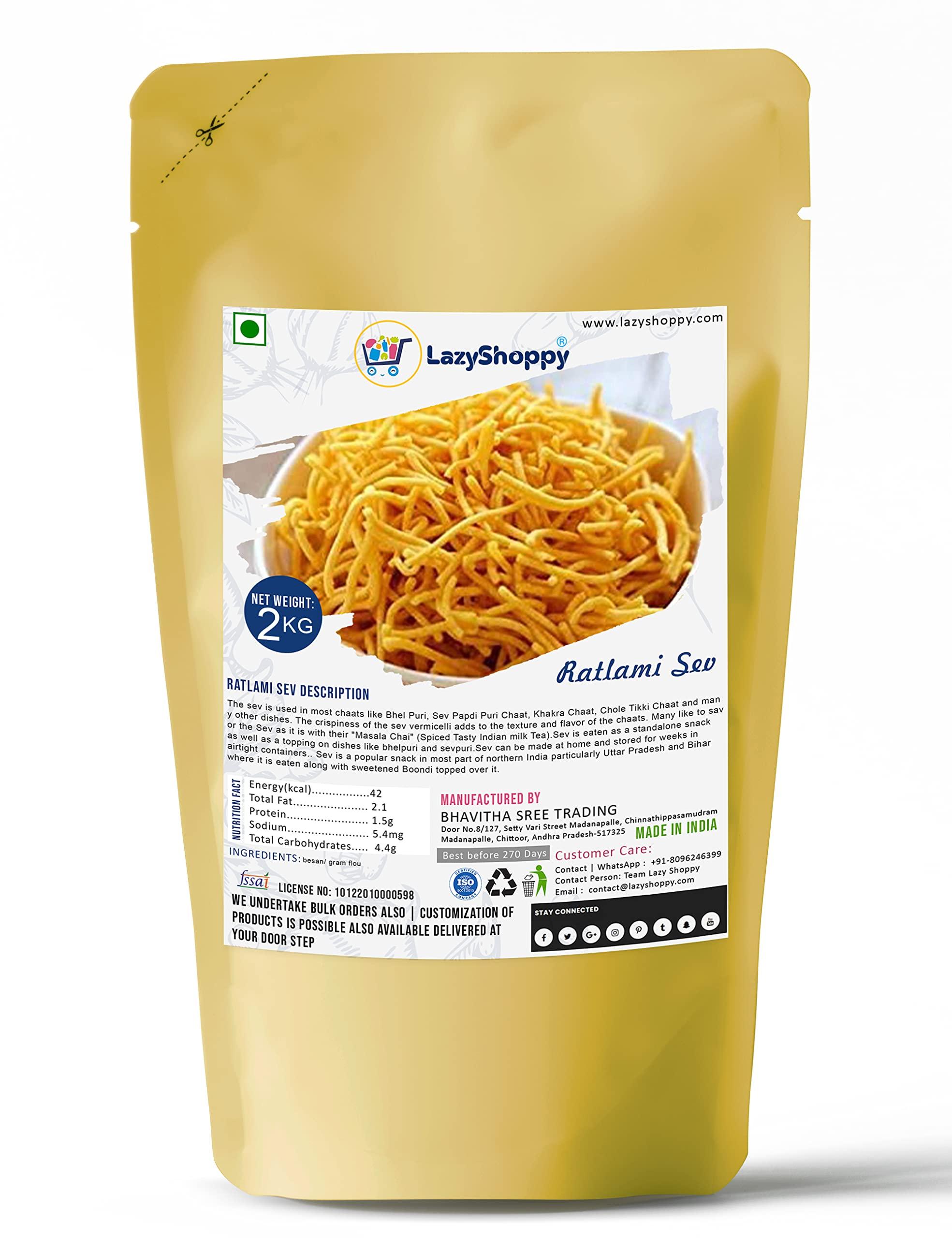 Lazy Shoppy Lazy Shoppy Sev | Ratlami Sev | Special Mora Sev | Nylon Sev | Barik Sev | Sev Puri | Bhel Puri Sev | Crispy Sev | Nylon Namkeen Sev | Bhujia Sev| Omapodi | | | Karapusa (2 KG)