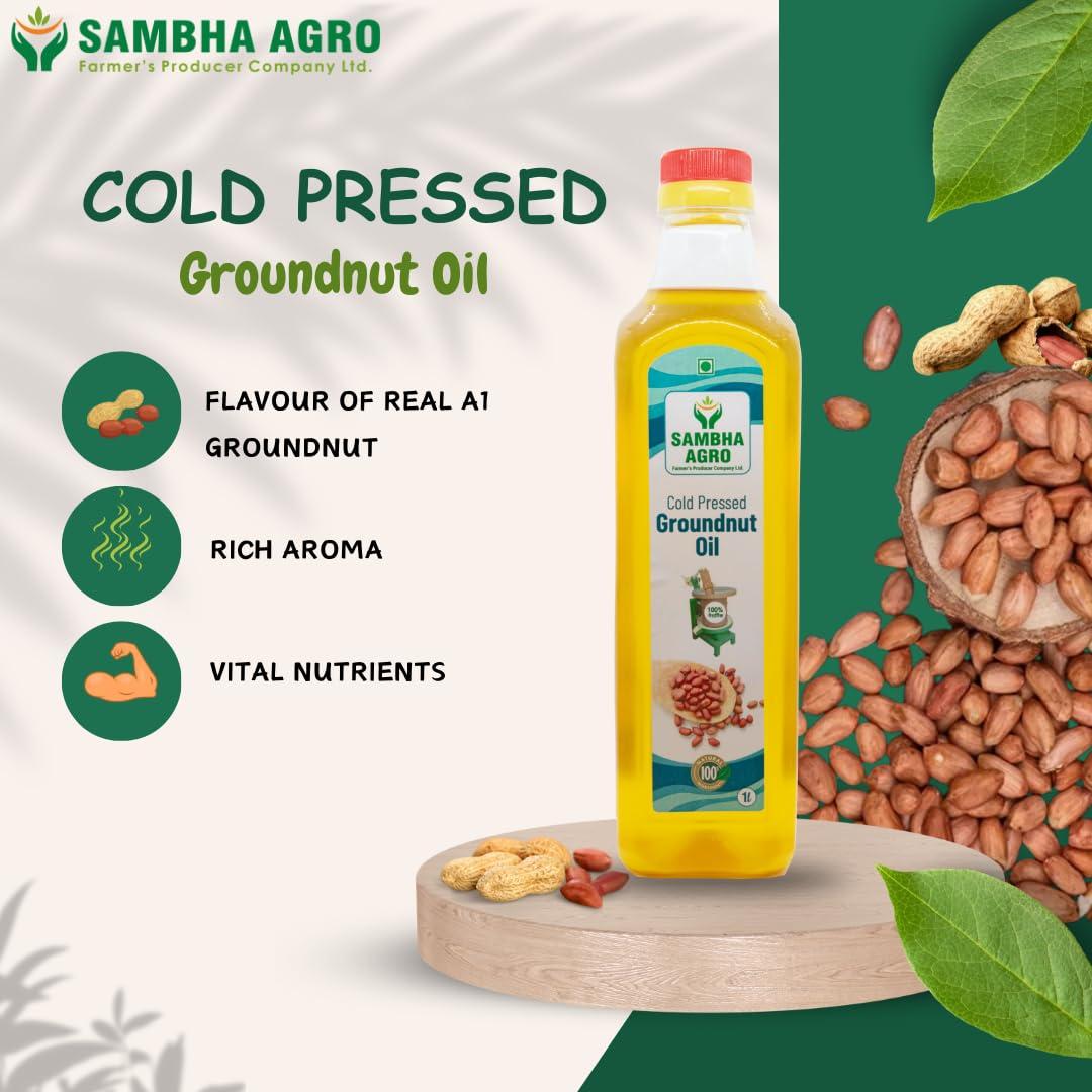 SAMBHA AGRO Sambha Agro 1L Cold Pressed Groundnut Oil - Better, Pure & Unrefined | Naturally Cholesterol-Free Cooking Oil with Rich Aroma & Flavor | A1 Grade Groundnuts | Purity in Every Drop (Pack of 2)