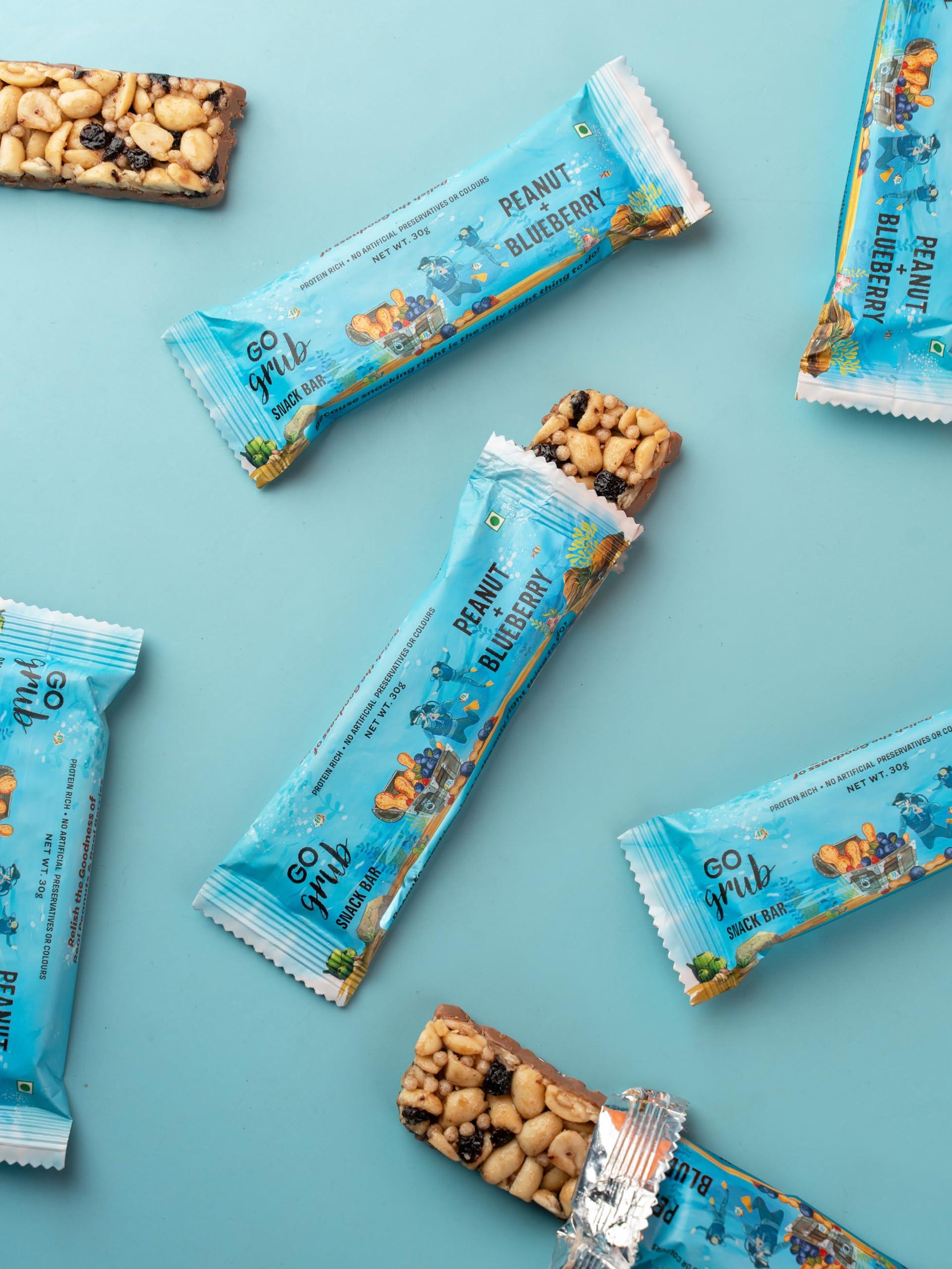 Go Grub Go Grub - Peanut Blueberry Snack Bar | Crunchy Energy Bars with Whole Nuts, Real Dried Berries | No Preservatives | 100% Vegetarian | Healthy Breakfast, Evening & Midnight Snack | Pack of 10