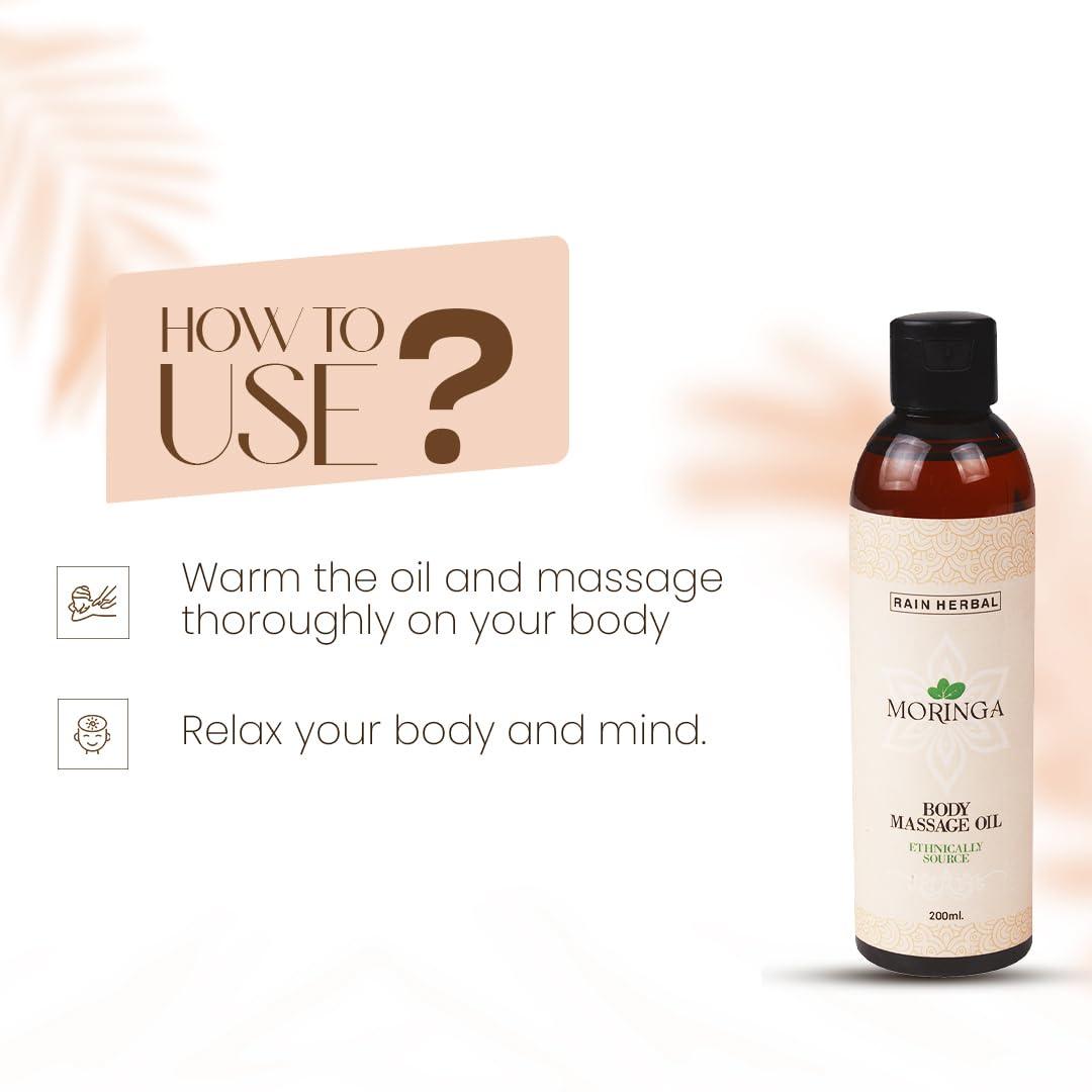 Rain Herbal RAIN HERBAL Moringa Body Massage Oil with Jojoba & Coconut Oil | Body Oil for Women & Men | Full Body Deep Tissue Massage Therapy | Natural Ingredients | No Parabens & Sulphates | 200ml