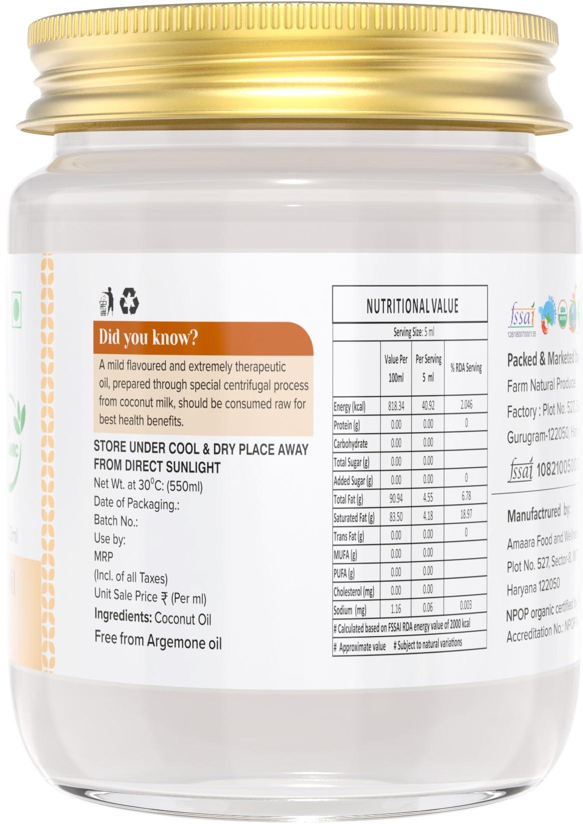 Farm Naturelle Farm Naturelle -100% Pure Organic Extra-Virgin Cold Pressed Coconut Oil (Glass Bottle - 550 mlx 4)