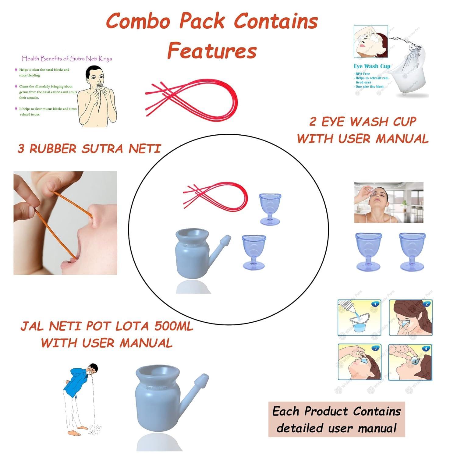 LRK LRK Jal Neti Pot Lota 500ml and 2 Eye Wash Cup and 3 Rubber Sutra neti combo pack with user manual