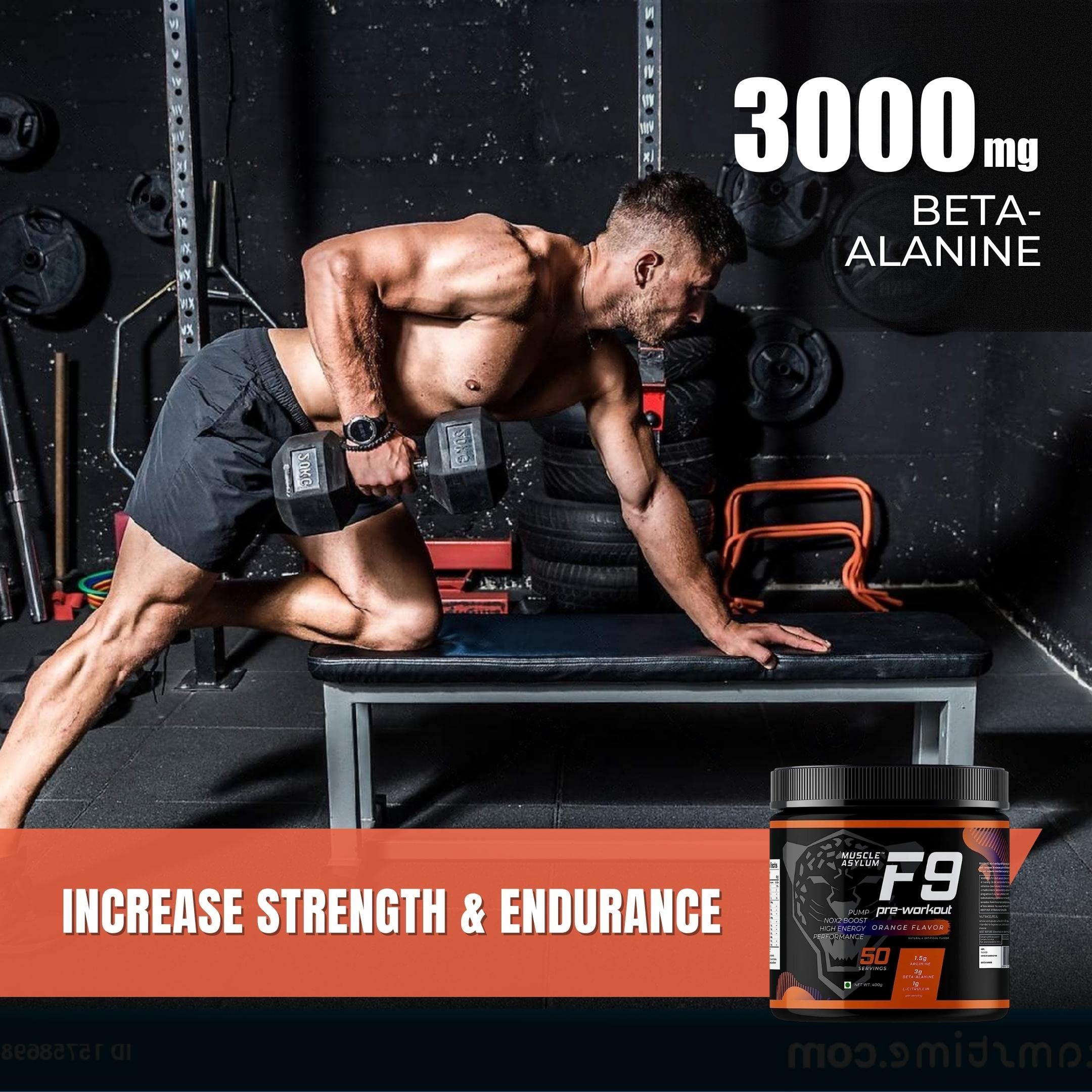 Muscle Asylum Muscle Asylum F9 Pre-Workout - 50 Servings, 400gm (Orange Flavor) | Boosts Energy & Endurance | Improves Focus