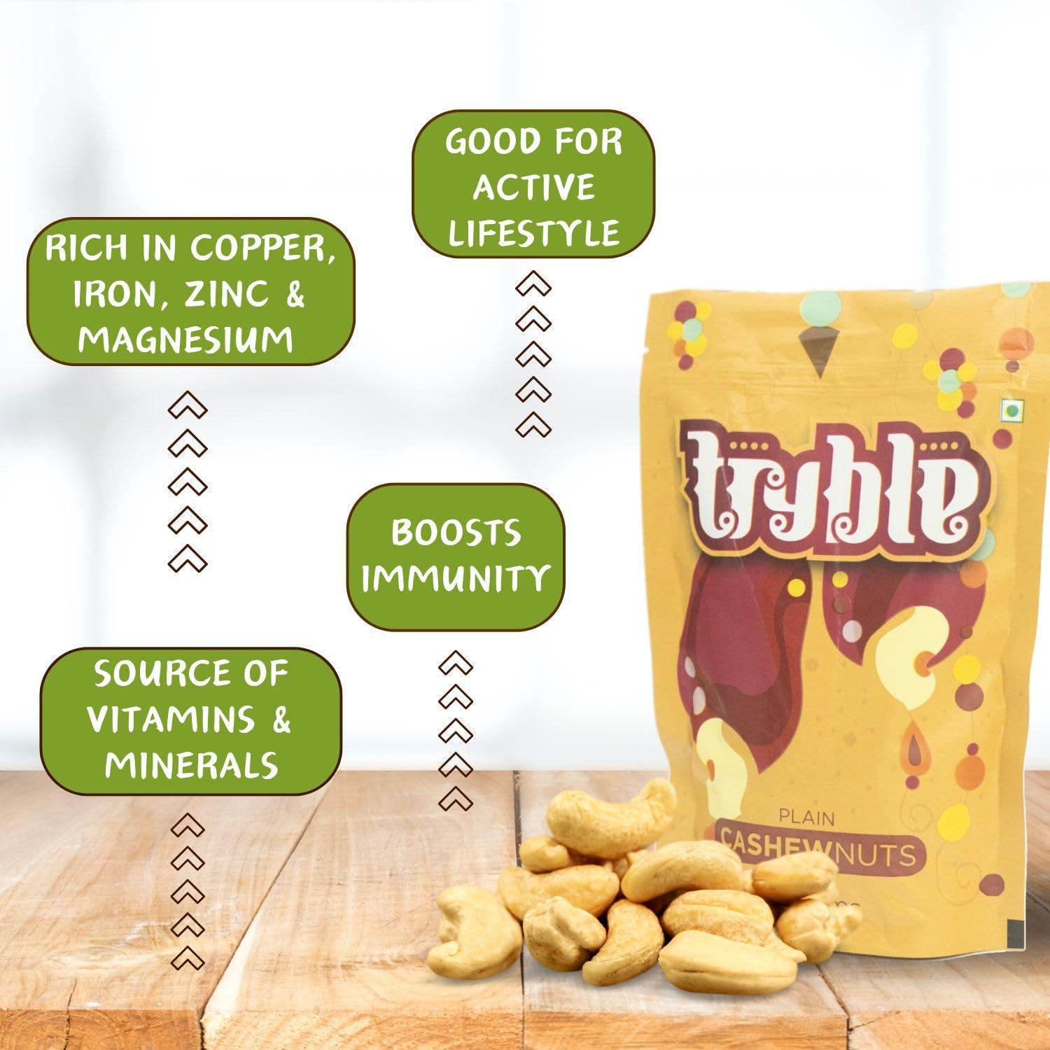 tryble Tryble Plain Cashew | Kaju | W320 Grade Whole Cashews 200 g | Nutritious, Delicious & Crunchy Kaju | Tasty Sweet Cashews for Snacking