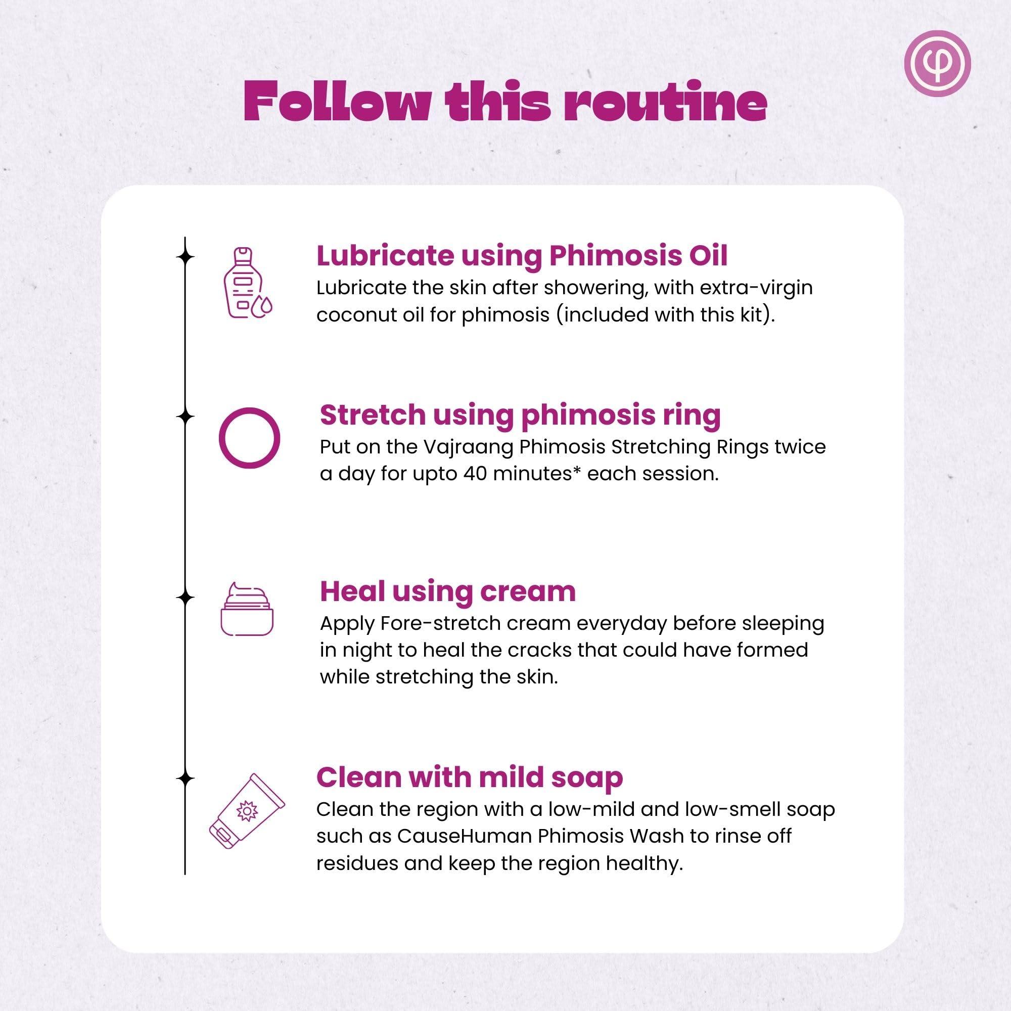 VAJRAANG Vajraang Phimosis Pro Kit with 20 x Phimosis Rings, 1 x Phimosis Cream, 1 x Phimosis oil, 1 x Track Sheet, 1 x \'How to use\' booklet | Phimosis home kit | Proven results | Medical grade silicone