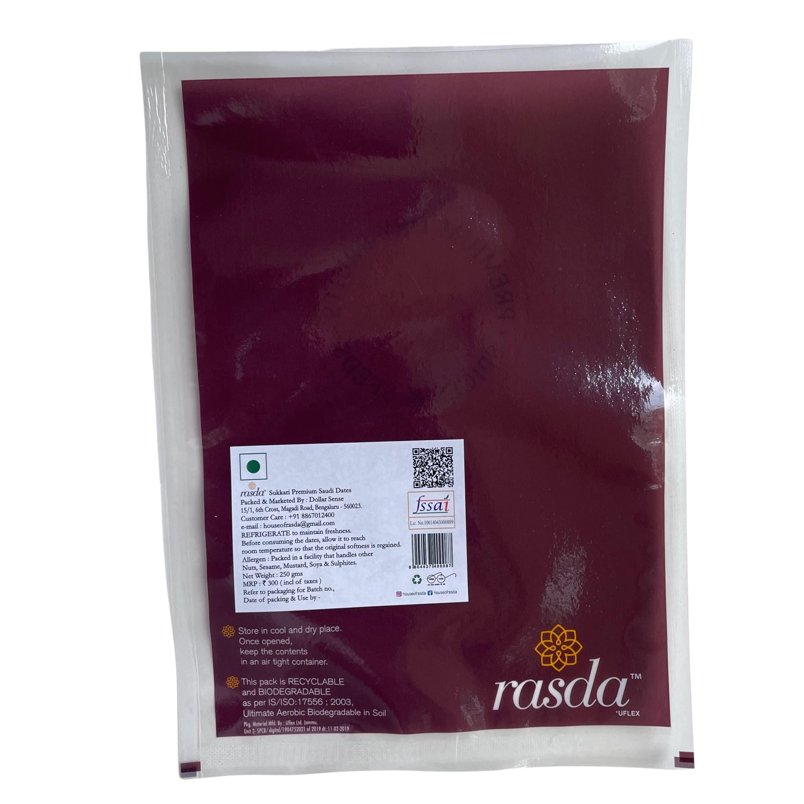 Rasda House of Rasda Sukkari Premium Saudi Dates 250g, (1 Pack) Khajoor | Khajur | Healthy & Nutritious Snack | Rich in Vitamins & Minerals | No Preservatives | No Added Sugar | Gluten Free | Khejur