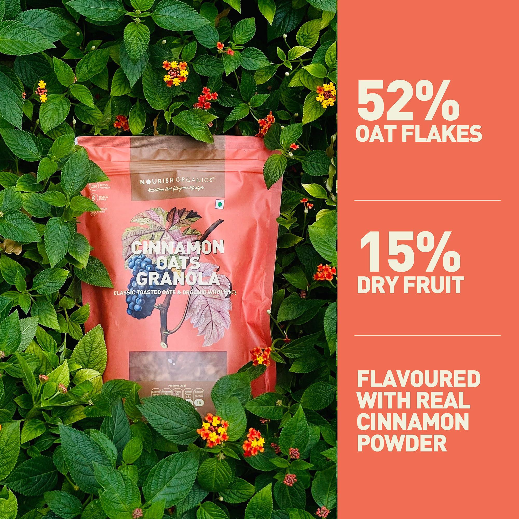 Nourish Organics Nourish Organics Cinnamon Oats Granola, 270g Pack | Healthy and Nutritious Breakfast Cereals with Whole Nuts | No Refined Sugar | Clean Label