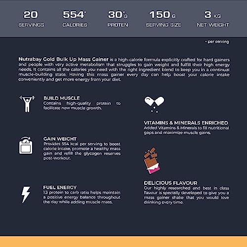 Nutrabay Nutrabay Gold Bulk Up Mass Gainer Powder - 3kg, Chocolate | 30g Protein, 104g Carbs, 554 Calories | Easy to Digest | 100% Veg Muscle Building & Weight Gainer Supplement for Men & Women